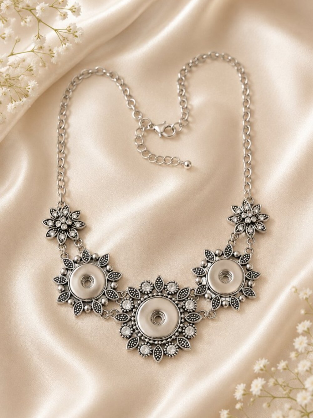 Silvertone Floral Triple Snap Necklace Rhinestone Interchangeable Pendant